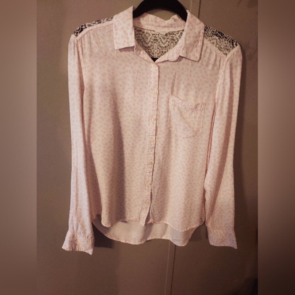 Vintage Aèropostale Pink Floral Lace Trim Button-down Shirt Size L